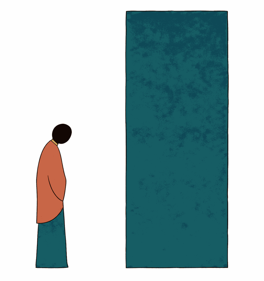 A figure seen from behind, standing beside a tall teal doorway.