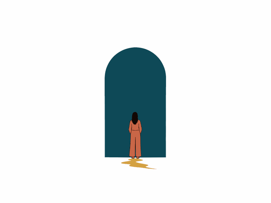 A small figure seen from behind, standing at the foot of a tall teal arch.